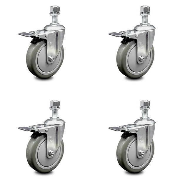 Polyurethane Swivel Threaded Stem Caster Set of 4 w/5 x 1.25 Gray Wheels and 1/2 Stems Includes 4 with Total Lock Brakes Service Caster Brand 1200 lbs Total Capacity Polyurethane Swivel Threaded Stem Caster Set of 4 w/5 x 1.25 Gray Wheels and 1/2 Stems Includes 4 with Total Lock Brakes Service Caster Brand 1200 lbs Total Capacity